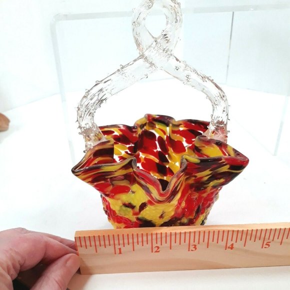 1920s Czech Art Glass Basket FRANZ WELZ Twisted Thorn Loop Red Yellow Black BOHO - Picture 11 of 12